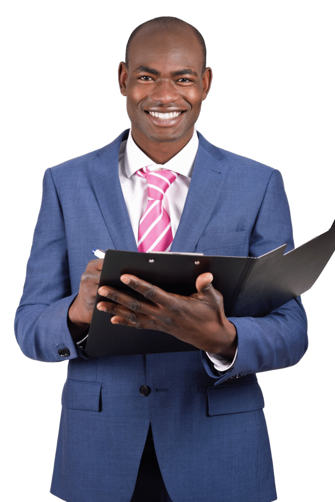 sourire gestionnaire tenant presse papiers noir sourire gestionnaire tenant presse papiers noir